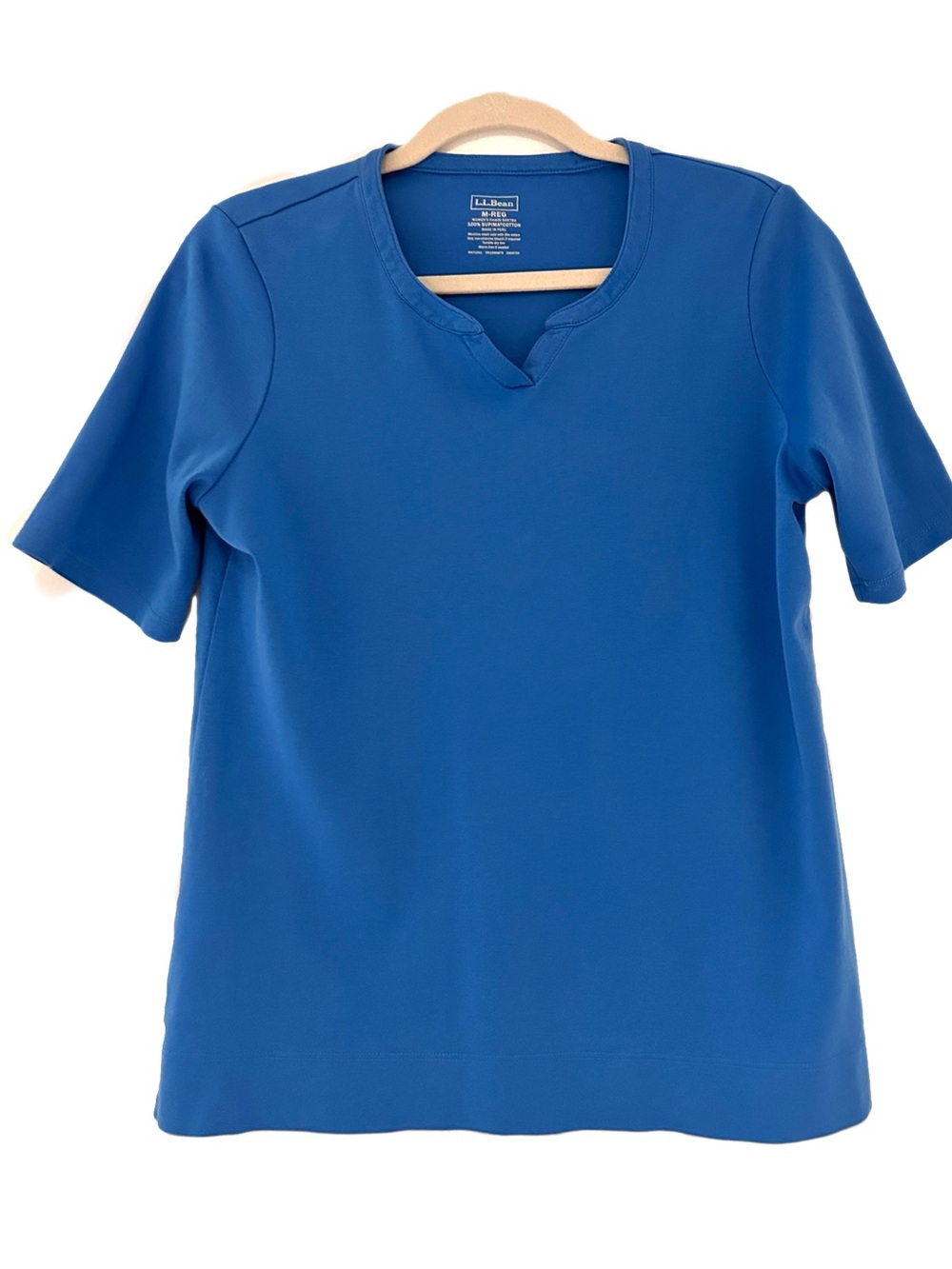 LL Bean Women’s Notch Neck Tee 100% Supima Cotton Light Blue Short Sleeves Med